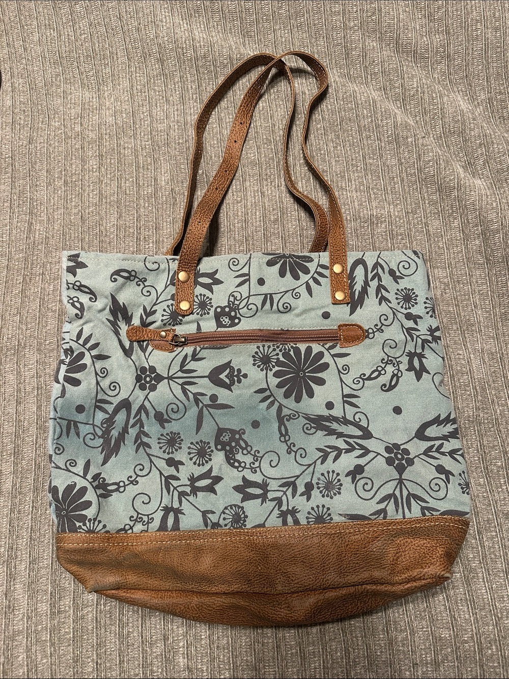 Myra Bag Blue-Green Floral Canvas Tote with Brown Leather Trim